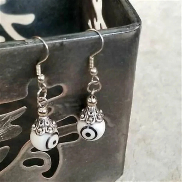 Handmade Evil Eye White Lampwork Glass Beads Protective Talisman Drop Earrings - Picture 1 of 5